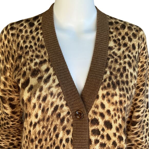 J. Mclaughlin Cashmere Cardigan Sweater Womens sz S Leopard Animal Print V-Neck - Picture 2 of 11